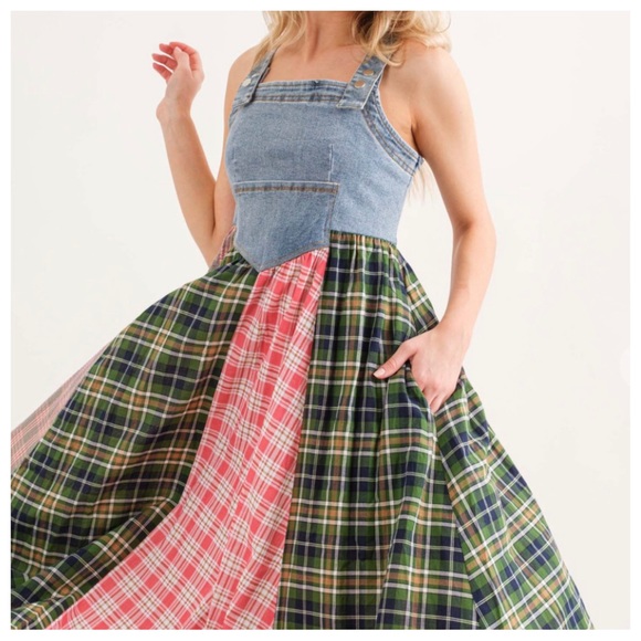 13 Boho Denim Multi Fabric Pleated Suspender Dress - Picture 3 of 5